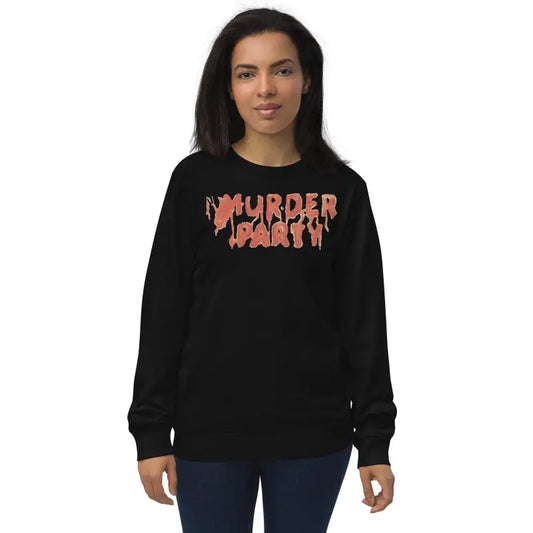 Black Murder Party Sweatshirt in Organic Cotton with red dripping letters for sustainable comfort