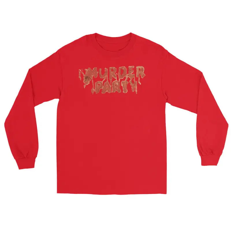 Red long-sleeve shirt featuring dripping ’Murder Party’ font, ideal for Halloween parties