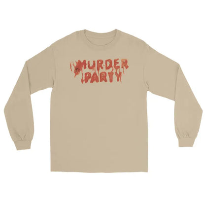 Beige long-sleeve shirt featuring red ’MURDER PARTY’ text for a night long-sleeve shirt