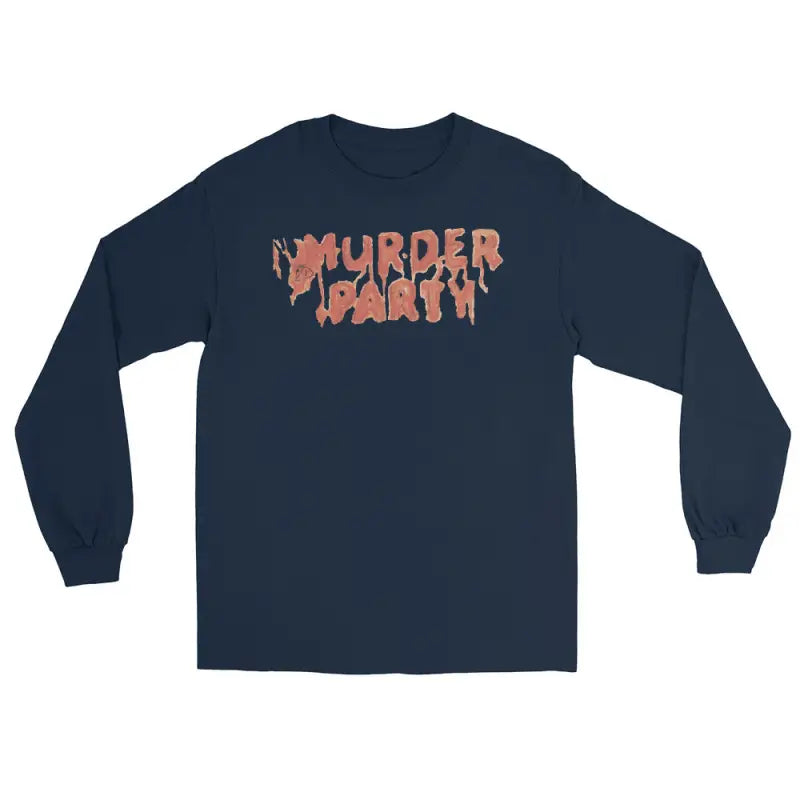 Navy blue unisex soft long-sleeve shirt with pink Murder Party text, ideal for Halloween parties