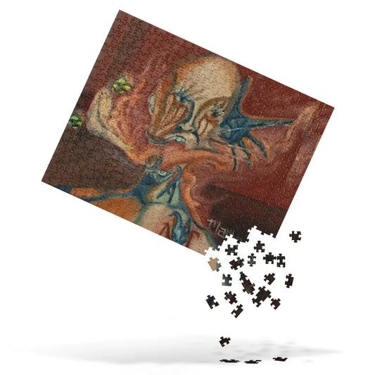 Partially assembled haunted jigsaw puzzle by Matthew Dye Art with missing pieces falling