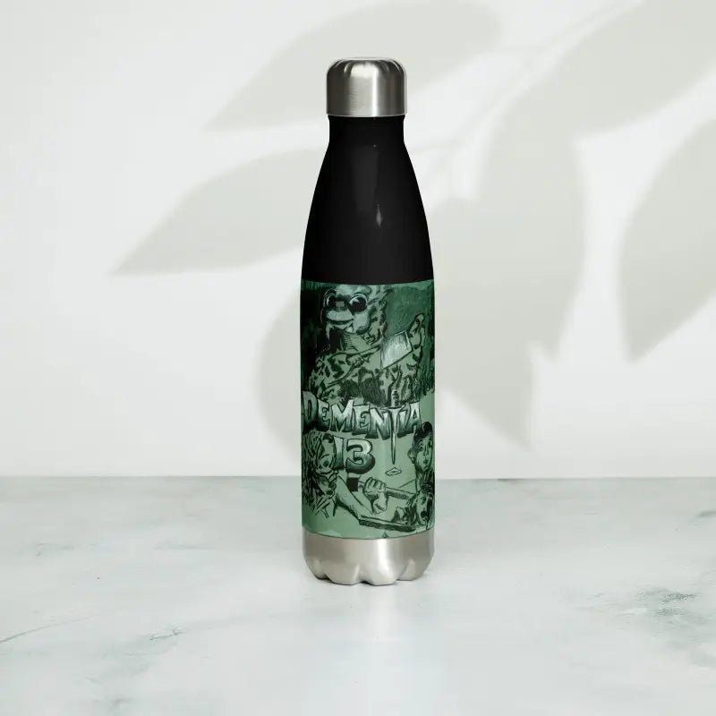 Black and green stainless steel water bottle featuring decorative artwork design