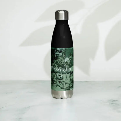 Black and green stainless steel water bottle featuring decorative artwork design