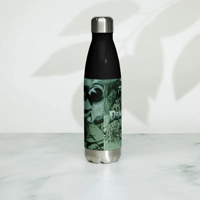 Stainless steel water bottle featuring a black and green artistic design for Mysterious Sips