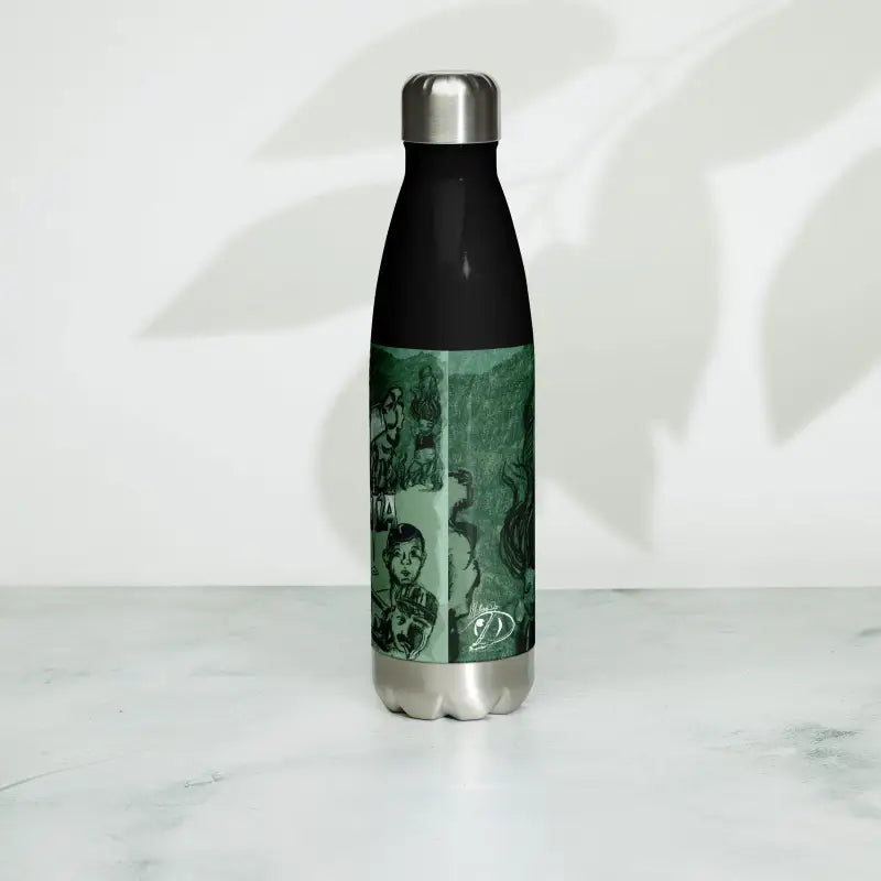 Stainless steel water bottle with black top and green design for Mysterious Sips