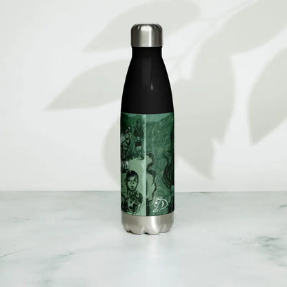 Stainless steel water bottle with black top and green design for Mysterious Sips