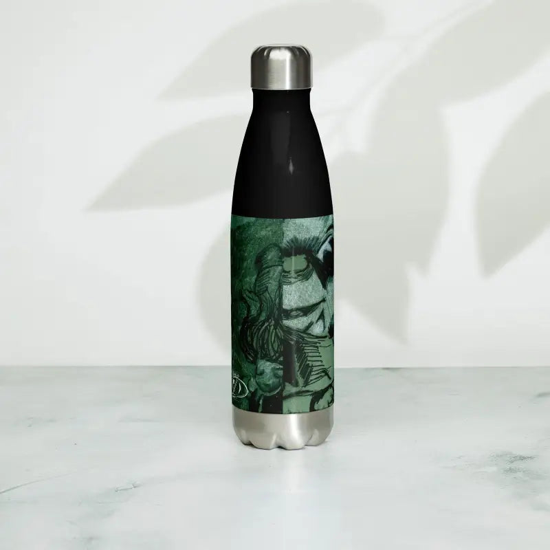 Black stainless steel water bottle with artistic green design for Mysterious Sips collection