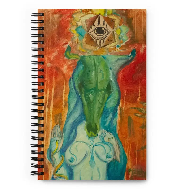 Abstract figure in turquoise and blue with mystical eye on an elegant spiral notebook