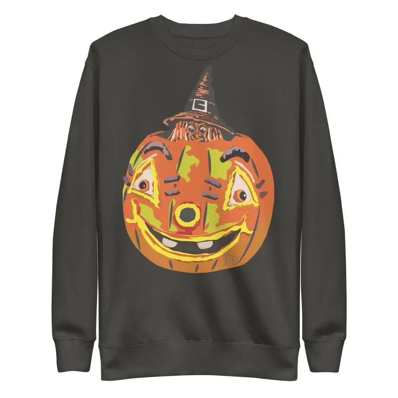 Dark gray unisex premium sweatshirt with vintage orange pumpkin witch design