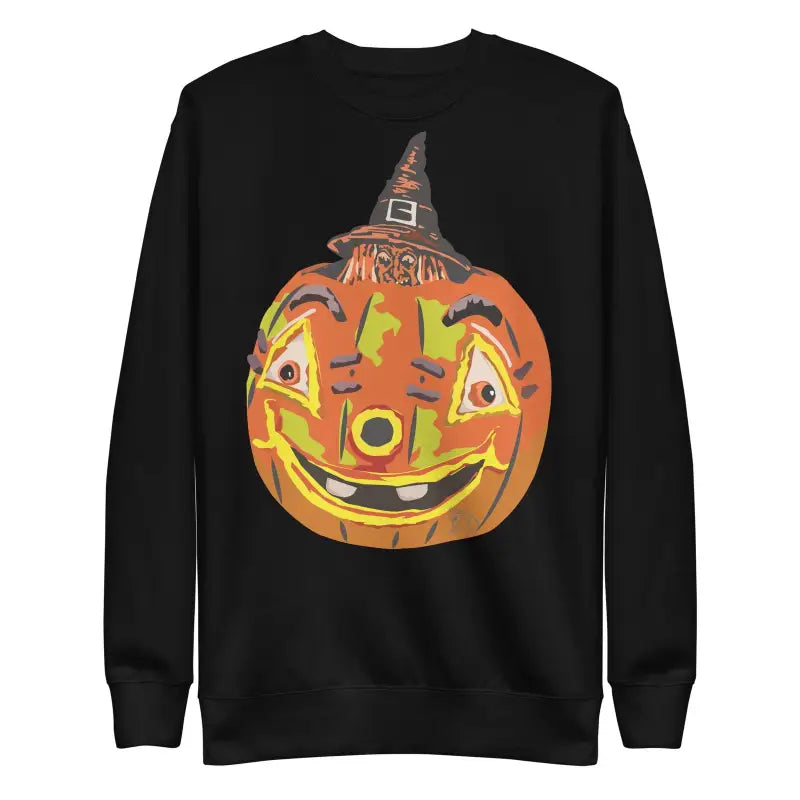 Black unisex premium sweatshirt featuring a vintage pumpkin witch design with a witch hat