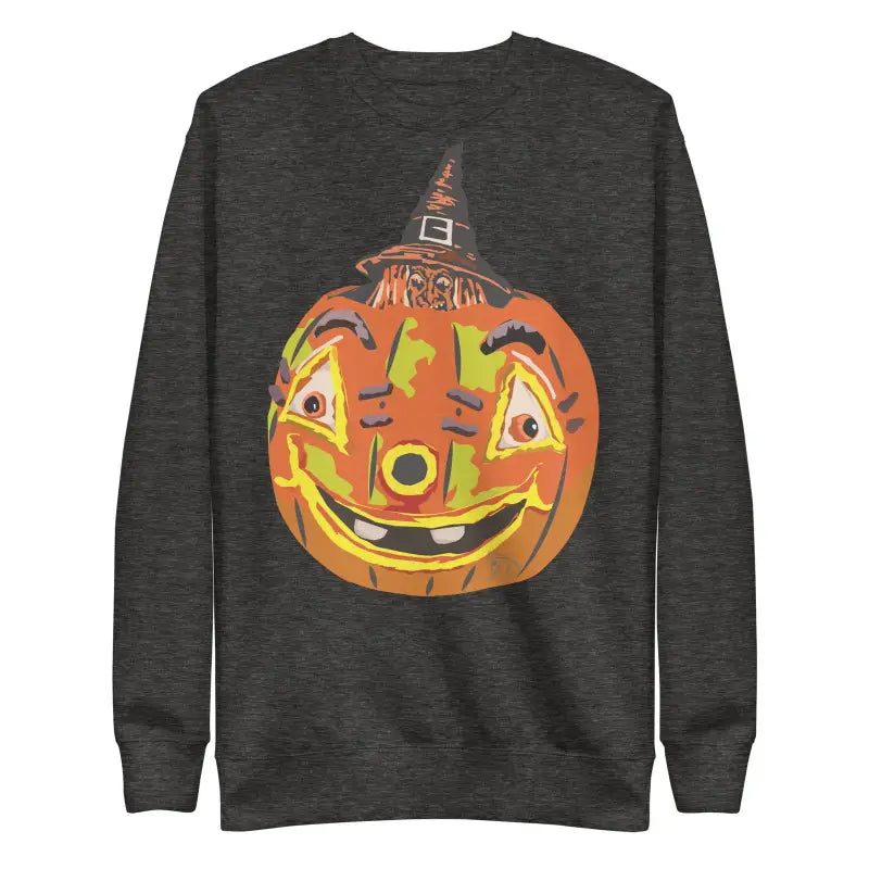 Dark gray unisex premium sweatshirt featuring vintage smiling pumpkin witch design