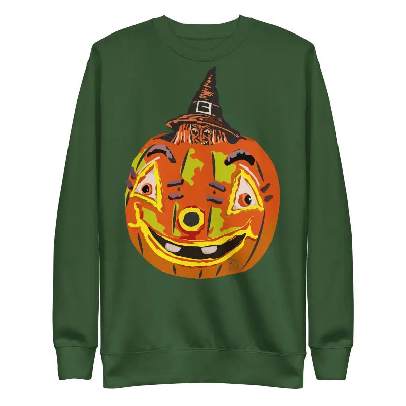 Forest green unisex premium sweatshirt with a smiling pumpkin witch design