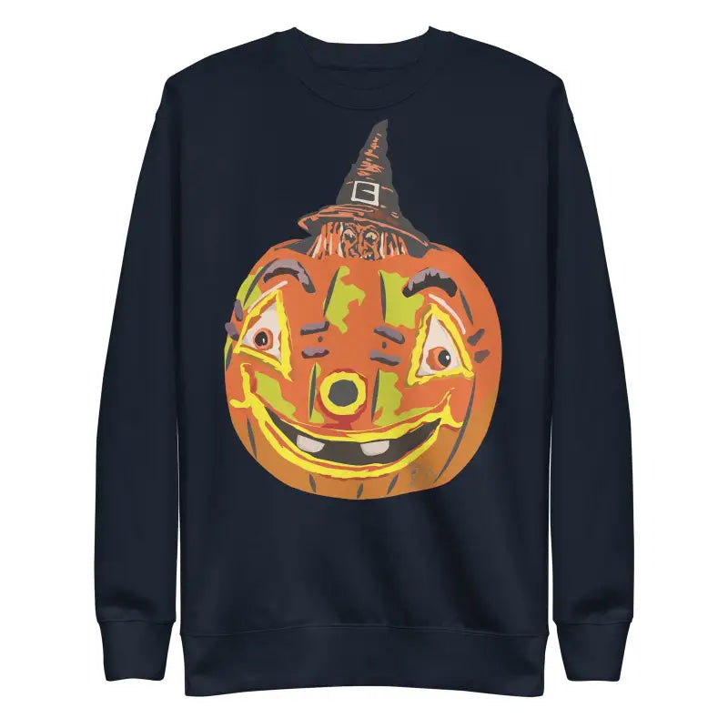 Navy blue unisex premium sweatshirt featuring a vintage pumpkin witch with a hat