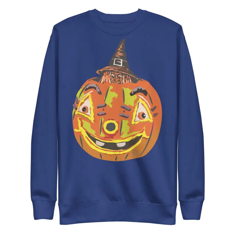 Navy blue unisex premium sweatshirt with a smiling pumpkin witch in a witch hat