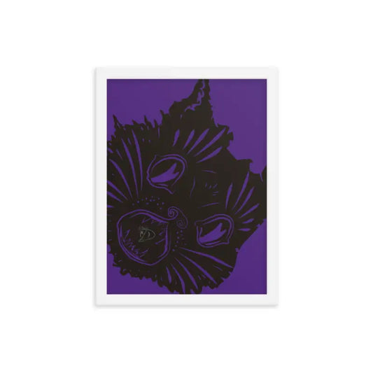 Black cat silhouette on purple backdrop in Mystical Kitty Head Framed Poster