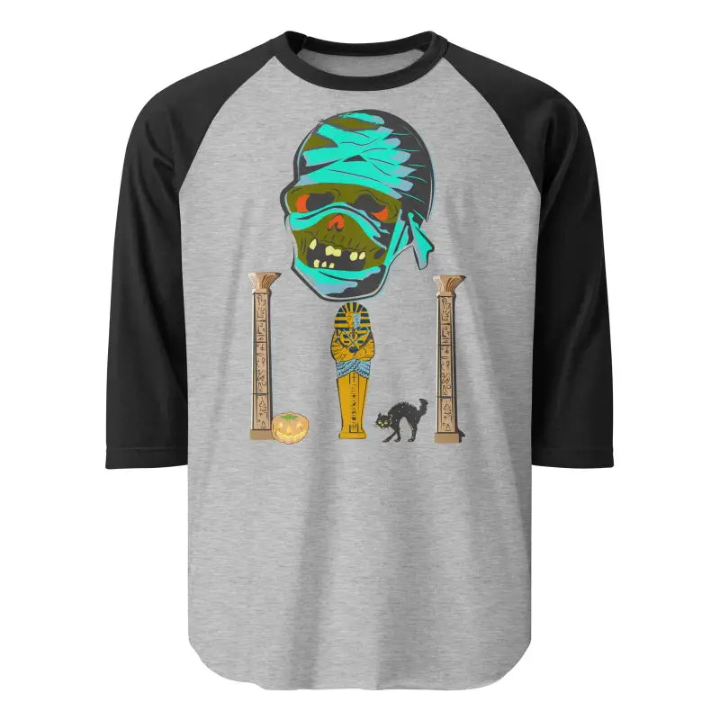 Baseball-style raglan t-shirt with cartoon mummy and Egyptian hieroglyphics by Matthew Dye Art