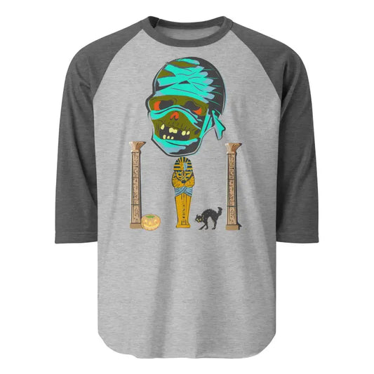 Gray and charcoal Matthew Dye art raglan t-shirt with cartoon mummy and hieroglyphs