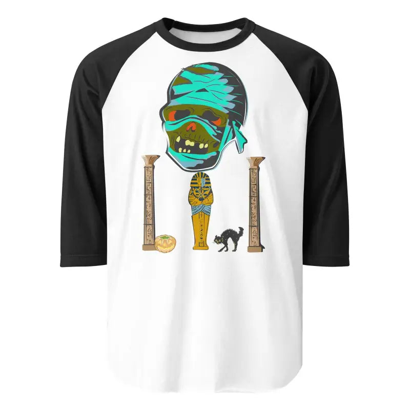 Baseball-style raglan t-shirt featuring Matthew Dye Art mummy design with turquoise bandages