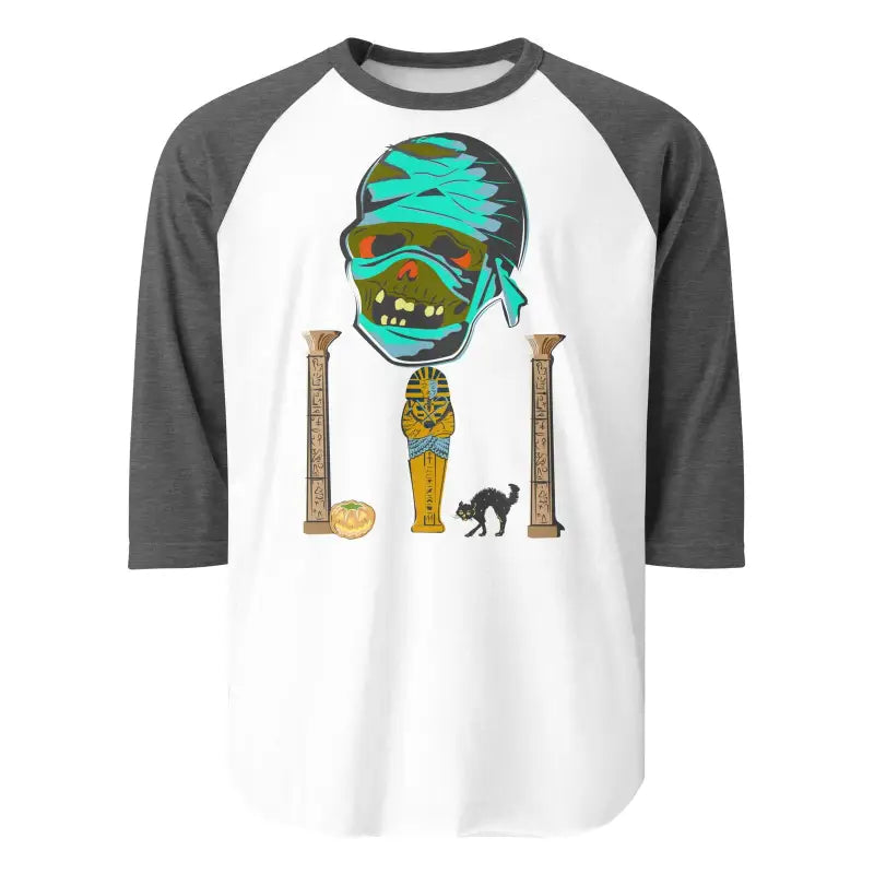 Baseball-style raglan t-shirt with Matthew Dye art of a cartoon mummy and Egyptian columns