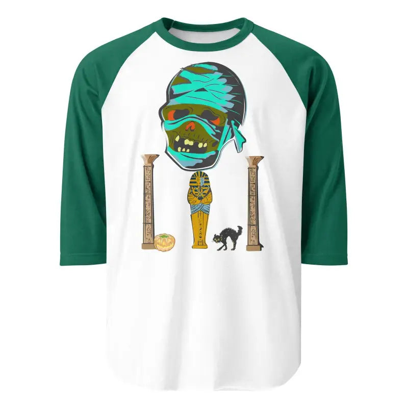 Baseball-style raglan t-shirt featuring Matthew Dye art mummy design and green sleeves