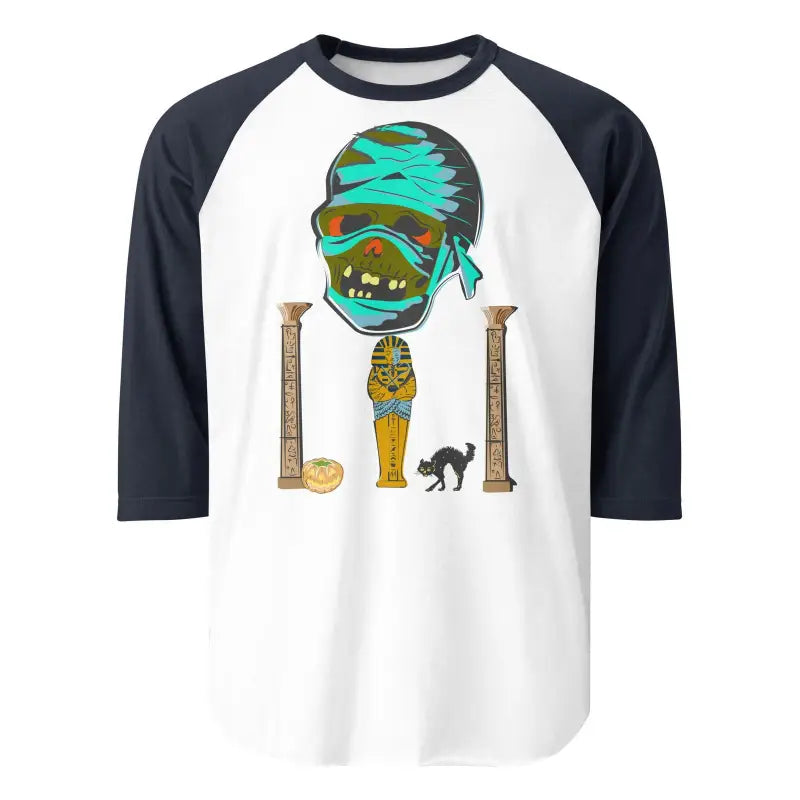 Baseball raglan t-shirt featuring Matthew Dye art with Egyptian mummy graphic design