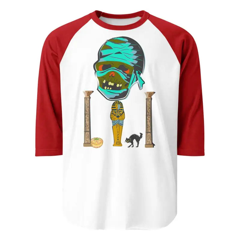 Baseball-style raglan t-shirt featuring Matthew Dye Art mummy graphic and red sleeves