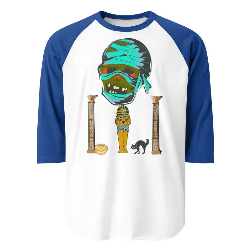 Baseball-style raglan t-shirt featuring Matthew Dye Art Egyptian mummy cartoon design