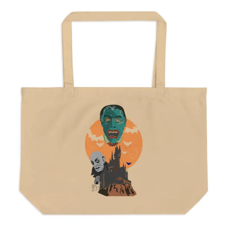 Beige organic cotton tote with vintage Halloween monster art and castle silhouette