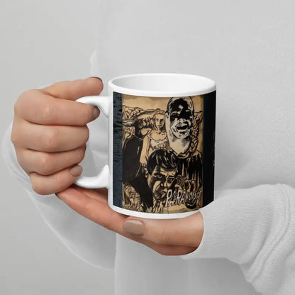 White ceramic glossy mug with dark illustration by Matthew Dye, Paranoiac Glossy Mug