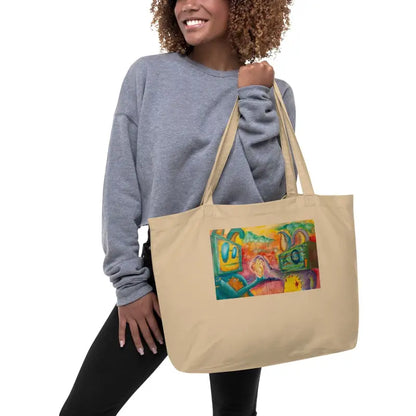 Beige canvas tote with colorful Matthew Dye art in an organic cotton tote design