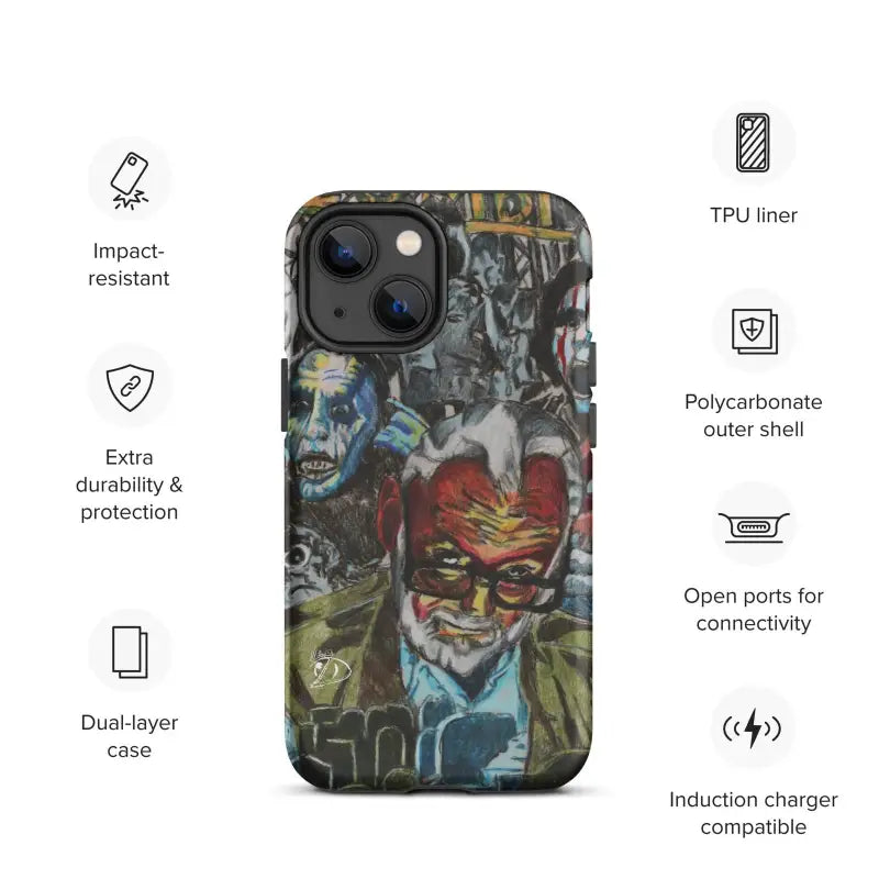 Graffiti-style Romero iPhone® case featuring striking street art in blue, red, and gray tones