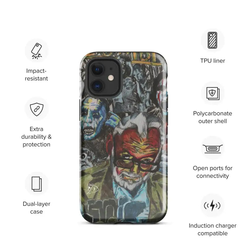 Protective Romero iPhone® Case featuring graffiti-style abstract faces in blue and red tones