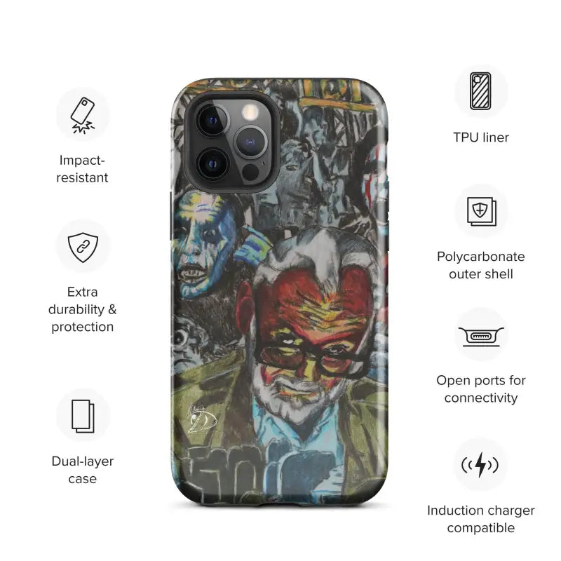 Protective graffiti-style iPhone® case featuring faces in blue and red, showcasing impact resistance