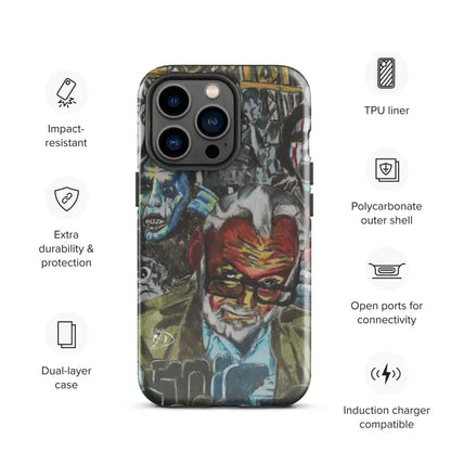 Graffiti-style iPhone® case featuring street art, highlighting impact resistance and Romero design