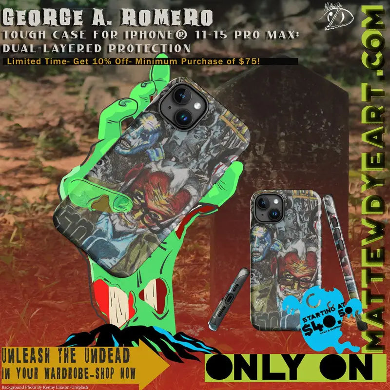 Zombie-themed iPhone® case featuring neon green accents and impact resistance design