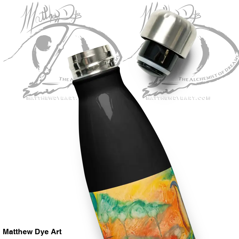 Black stainless steel water bottle featuring a colorful watercolor design, high-grade quality