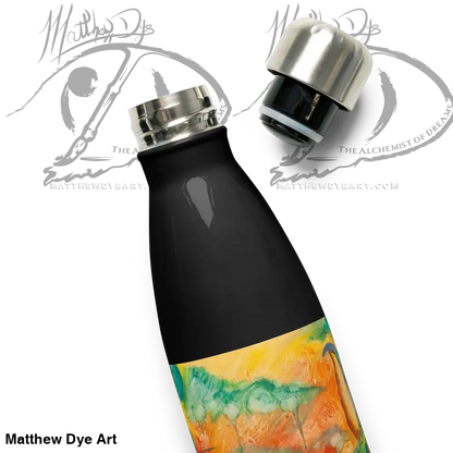 Black stainless steel water bottle featuring a colorful watercolor design, high-grade quality