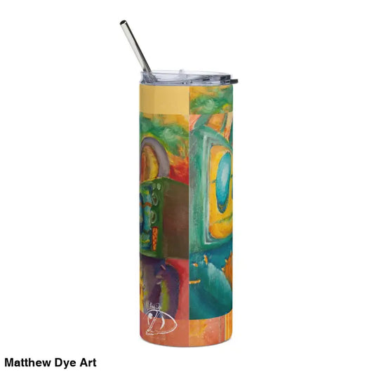 Colorful stainless steel tumbler with abstract design and metal straw, a remarkable vessel adorned