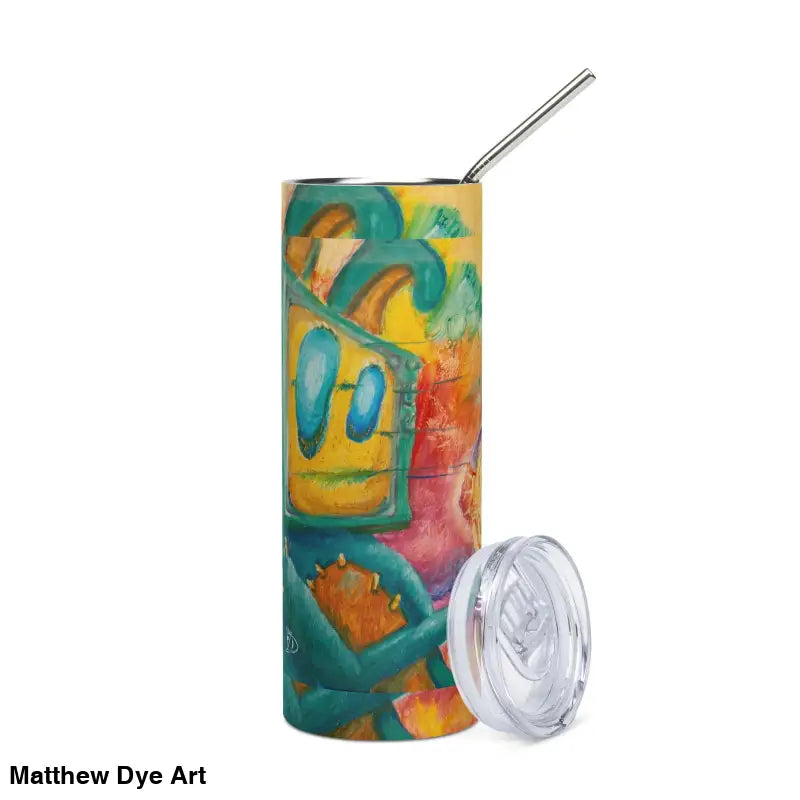 Colorful graffiti-style stainless steel tumbler with a metal straw and clear lid
