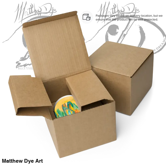 Brown cardboard shipping boxes with colorful contents, featuring Matthew Dye’s art gift