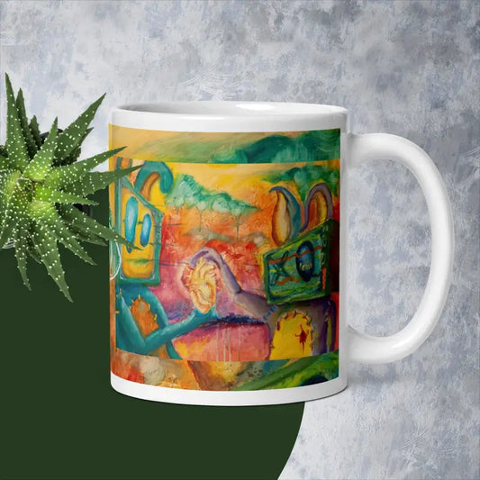 White ceramic mug with vibrant abstract art by Matthew Dye, a perfect gift for art lovers