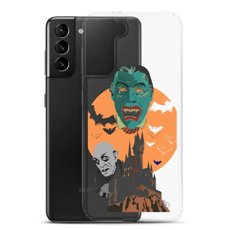 Samsung Night of the Vampires Clear Case showcasing Halloween artwork with monsters and bats