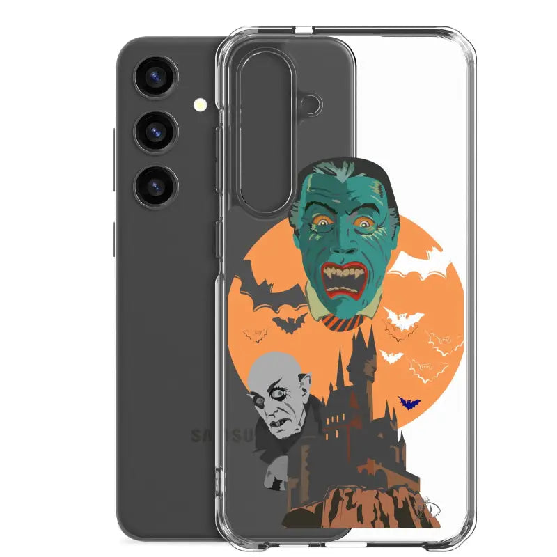 Clear case featuring vintage Halloween artwork with vampires, bats, and a spooky castle