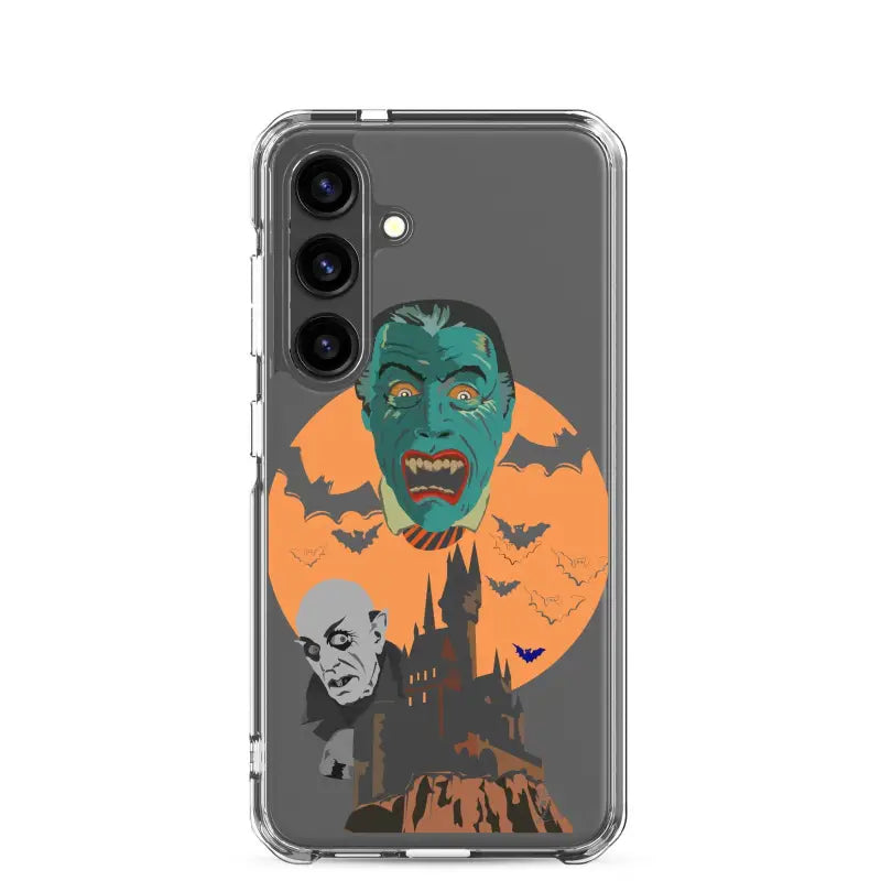 Clear case featuring vintage Halloween artwork with bats and monsters against an orange moon