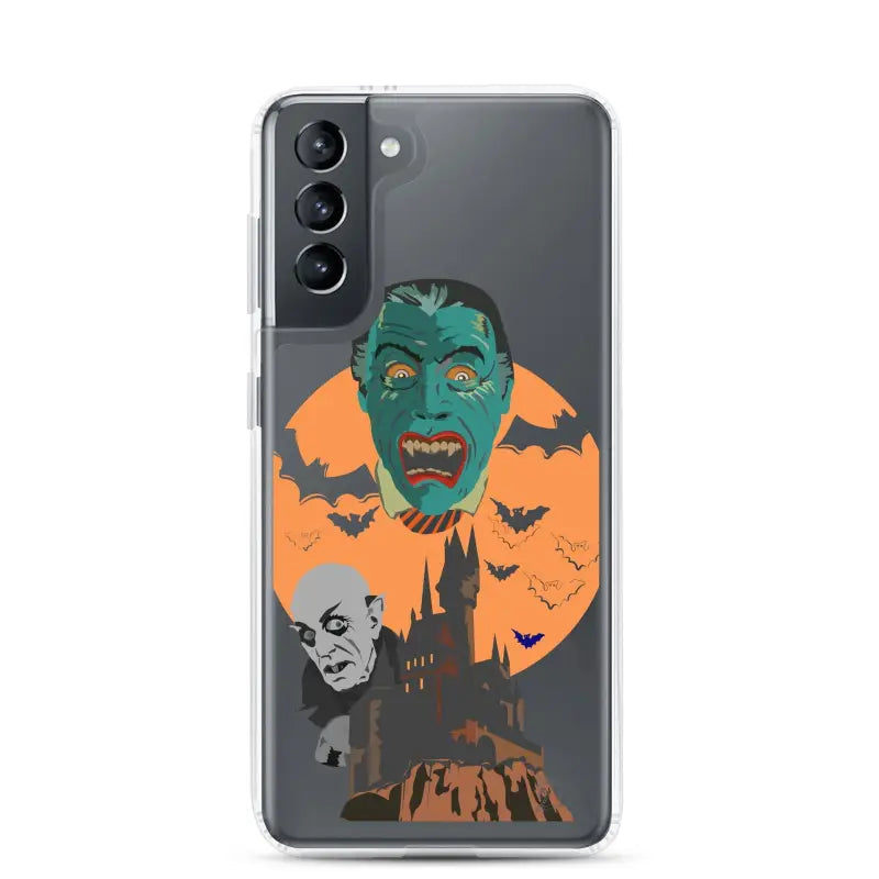 Phone case featuring vintage Halloween design with vampires, bats, and a spooky castle