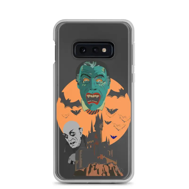 Clear phone case with vintage Halloween artwork featuring bats and a spooky castle