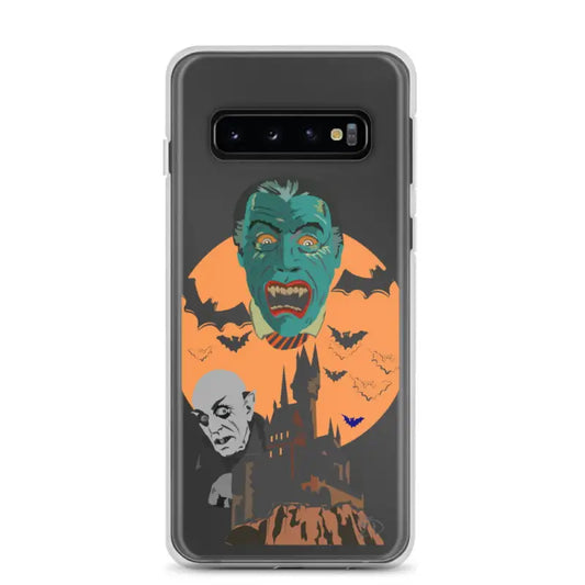 Clear case featuring vintage Halloween artwork with bats and a spooky castle against an orange moon