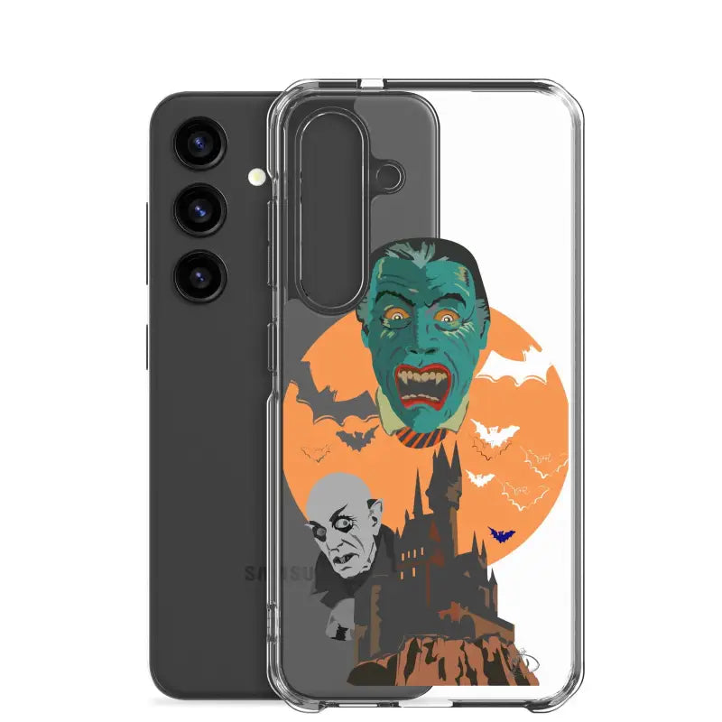 Phone case featuring vintage Halloween artwork with monsters, bats, and a spooky castle