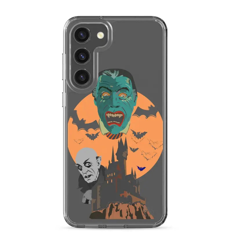 Clear case with vintage Halloween art featuring vampires and bats against an orange moon