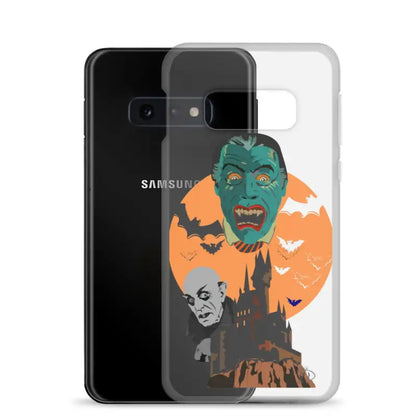 Samsung vampires clear case with vintage Halloween monster art, bats, and a spooky castle